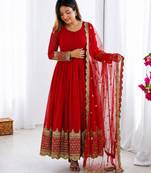 Red faux georgette embroidered gown set