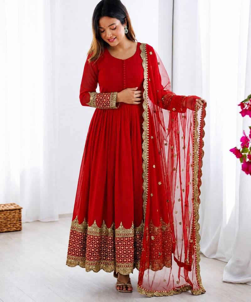 Red faux georgette embroidered gown set