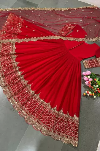 Red faux georgette embroidered gown set