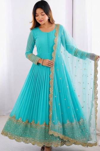 Cyan faux georgette embroidered gown set