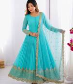 Cyan faux georgette embroidered gown set