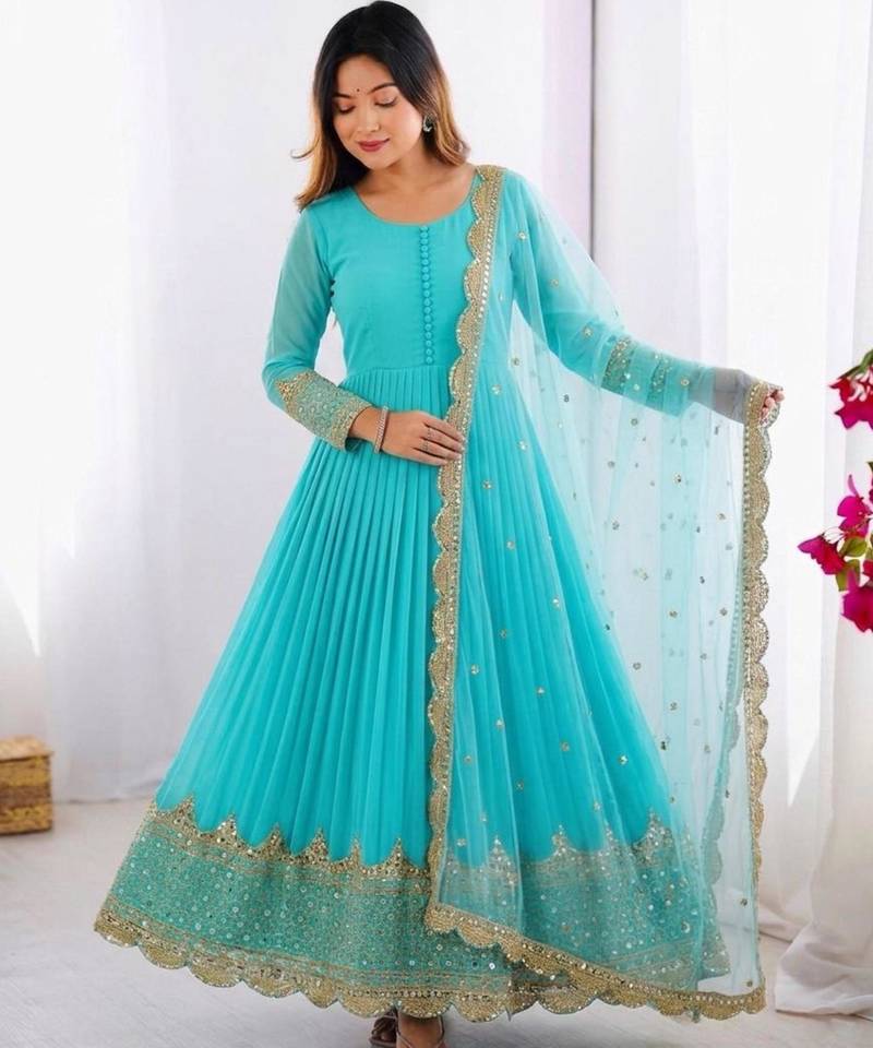 Cyan faux georgette embroidered gown set