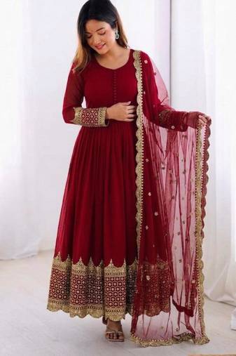 Maroon faux georgette embroidered gown set