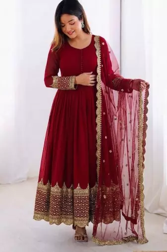 Maroon faux georgette embroidered gown set
