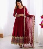 Maroon faux georgette embroidered gown set