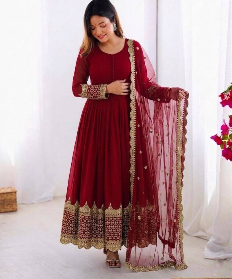 Maroon faux georgette embroidered gown set