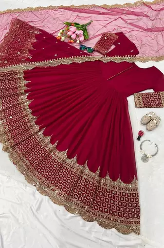 Maroon faux georgette embroidered gown set