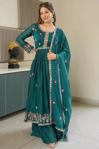 Teal silk blend embroidered sharara set