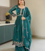 Teal silk blend embroidered sharara set