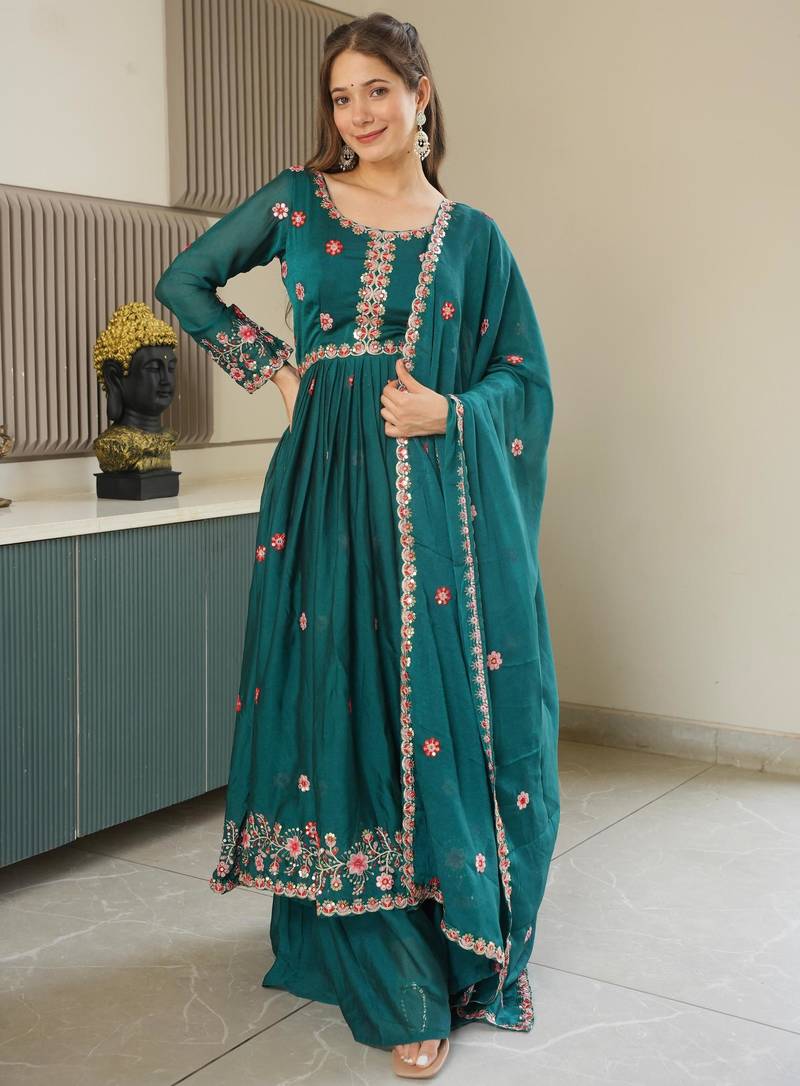 Teal silk blend embroidered sharara set