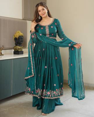 Teal silk blend embroidered sharara set 2