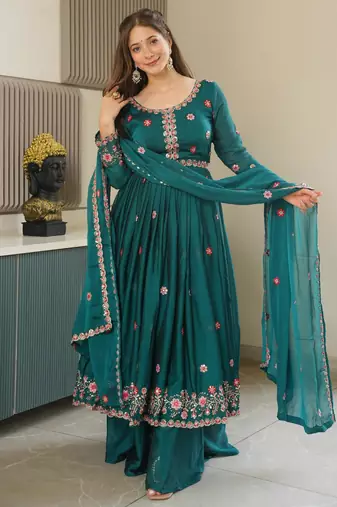 Teal silk blend embroidered sharara set
