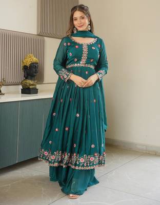 Teal silk blend embroidered sharara set 3