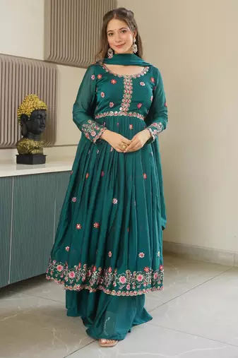 Teal silk blend embroidered sharara set