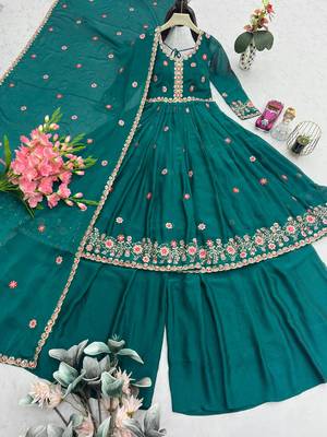 Teal silk blend embroidered sharara set 4