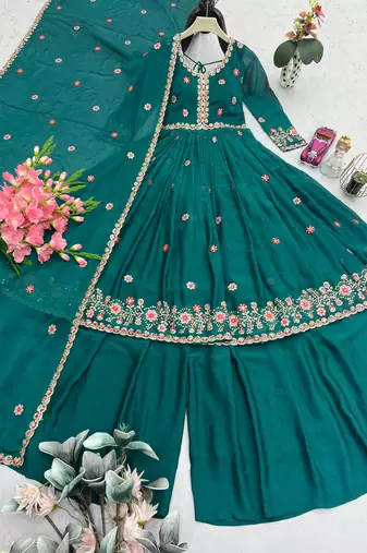 Teal silk blend embroidered sharara set