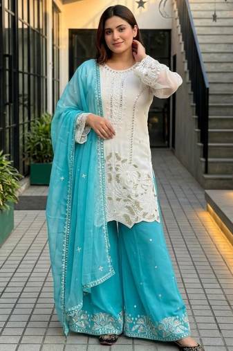White faux georgette embroidered palazzo set