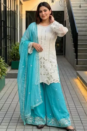 White faux georgette embroidered palazzo set