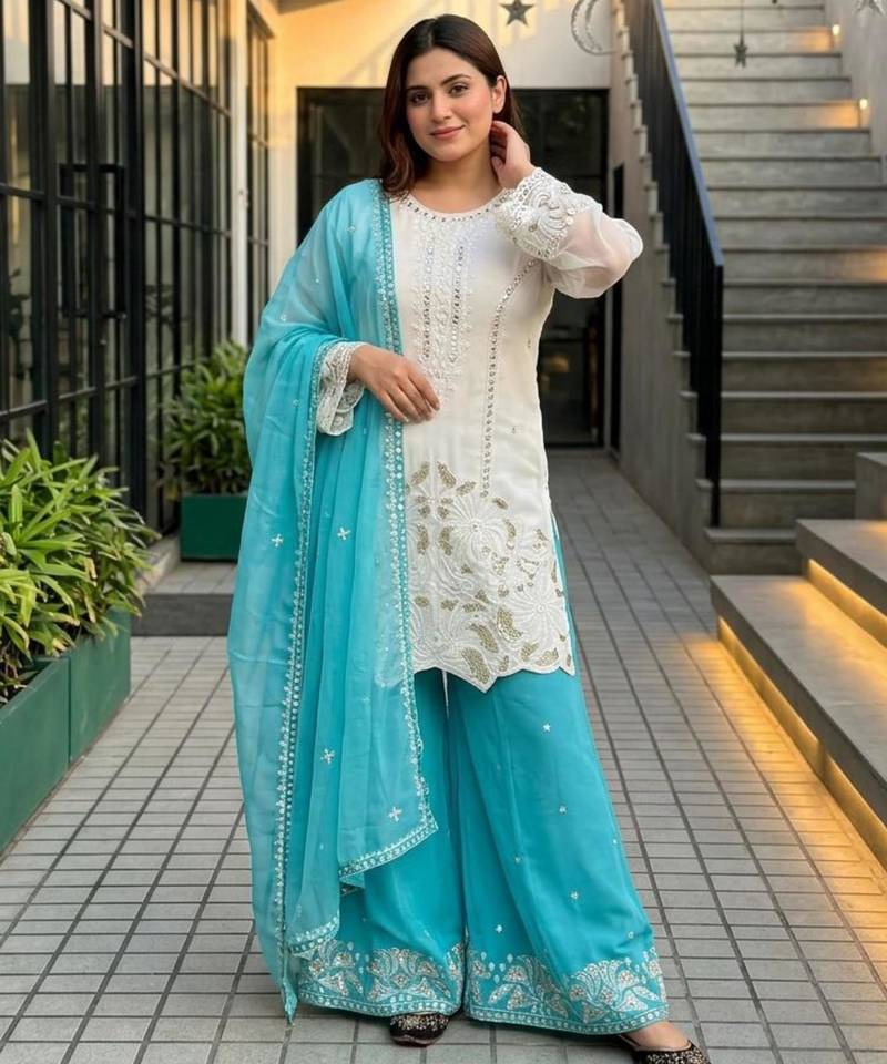 White faux georgette embroidered palazzo set