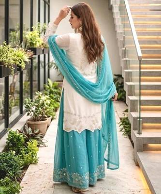 White faux georgette embroidered palazzo set 2