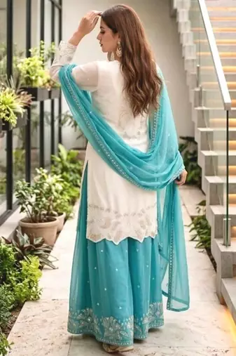 White faux georgette embroidered palazzo set