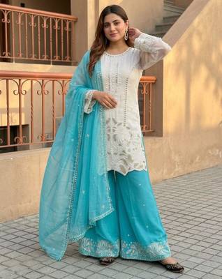 White faux georgette embroidered palazzo set 3