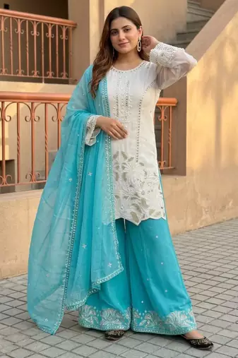 White faux georgette embroidered palazzo set