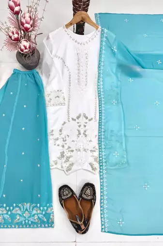 White faux georgette embroidered palazzo set
