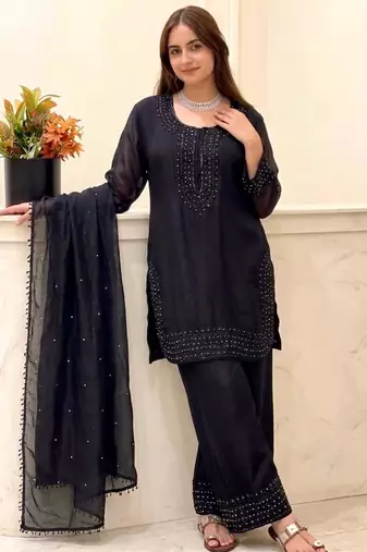 Black silk blend embroidered palazzo set