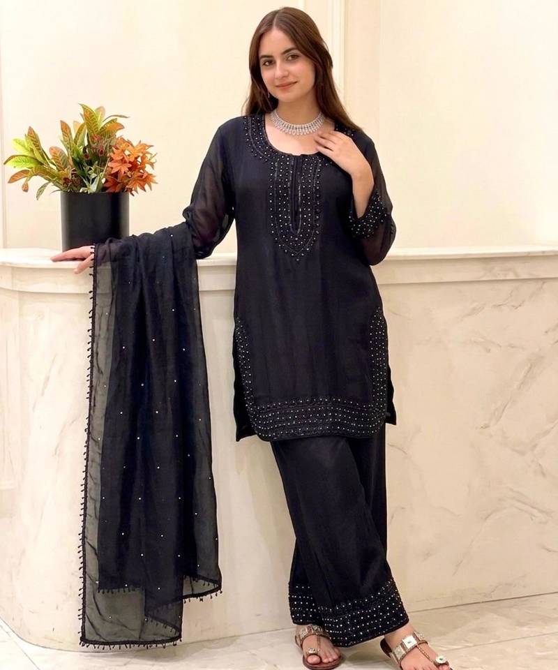 Black silk blend embroidered palazzo set