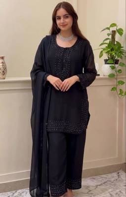 Black silk blend embroidered palazzo set 2
