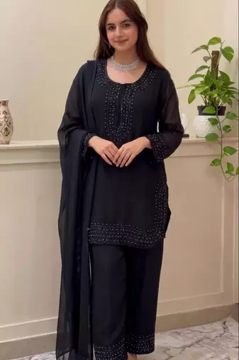 Black silk blend embroidered palazzo set