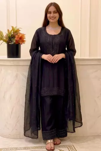 Black silk blend embroidered palazzo set