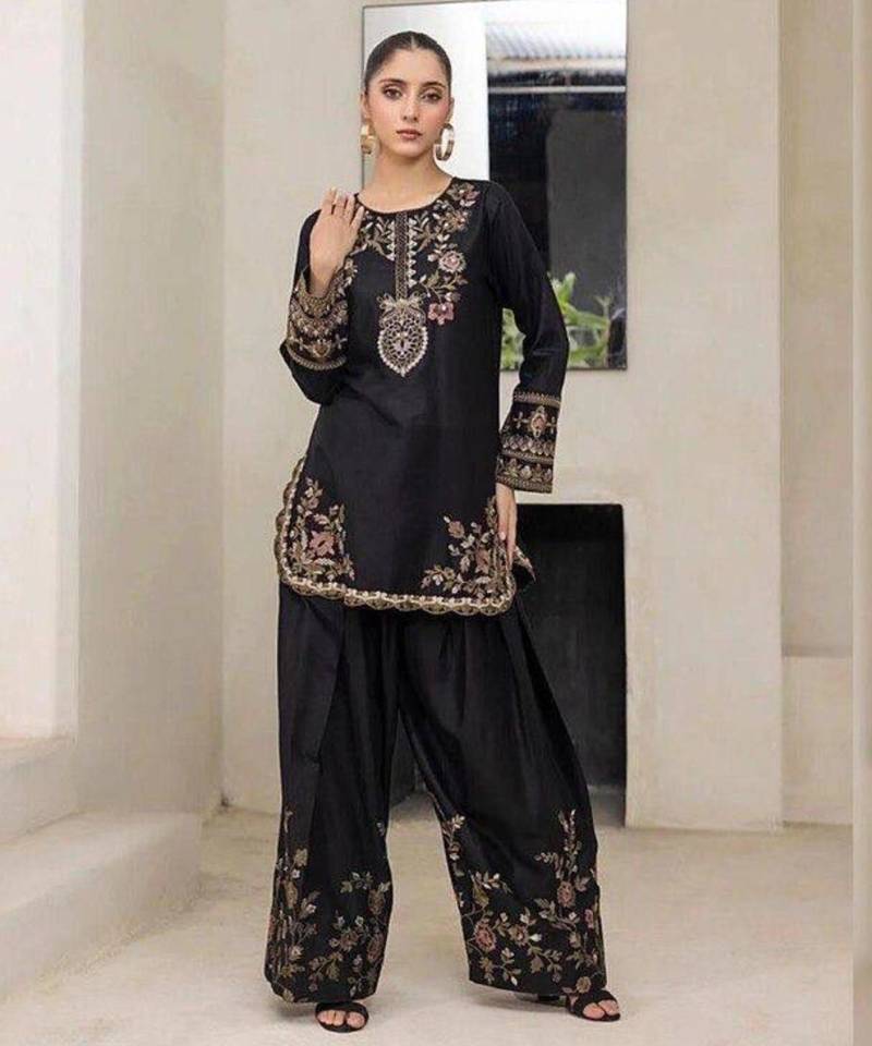 Black crepe embroidered farshi salwar set