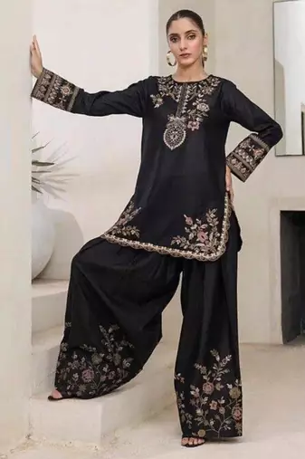 Black crepe embroidered farshi salwar set