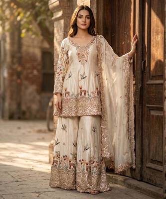 Beige silk blend embroidered sharara set 1