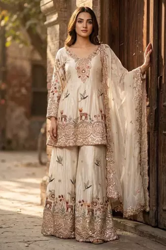 Beige silk blend embroidered sharara set