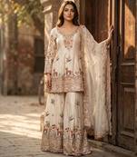 Beige silk blend embroidered sharara set