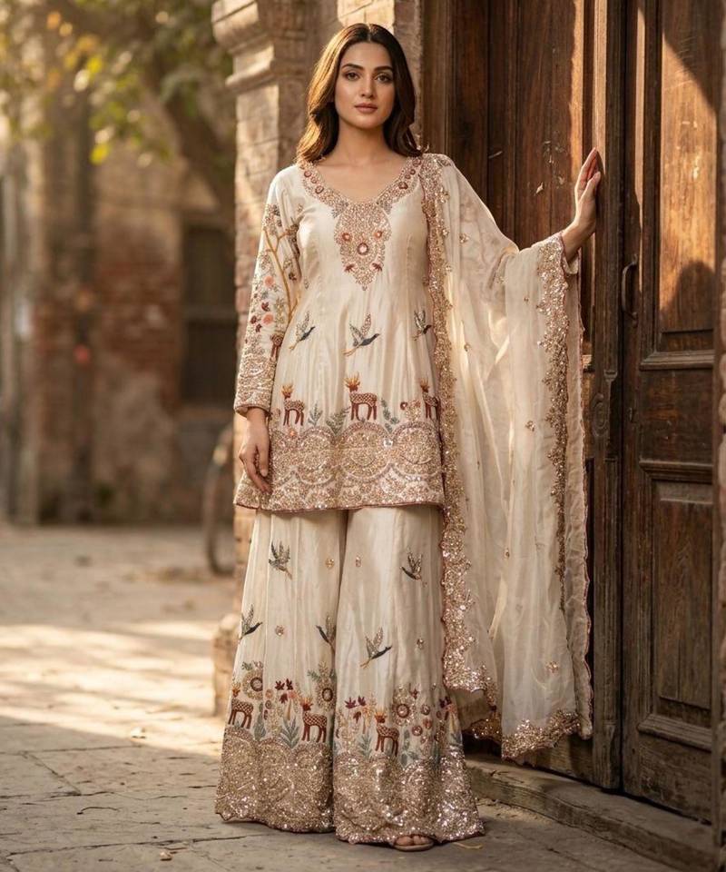 Beige silk blend embroidered sharara set