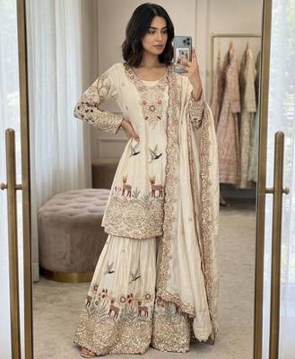 Beige silk blend embroidered sharara set 2