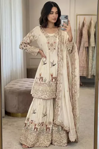 Beige silk blend embroidered sharara set