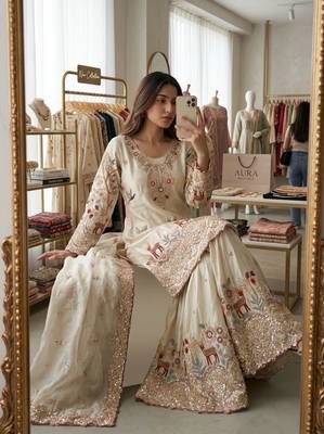 Beige silk blend embroidered sharara set 3