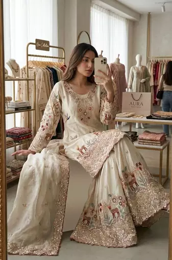 Beige silk blend embroidered sharara set