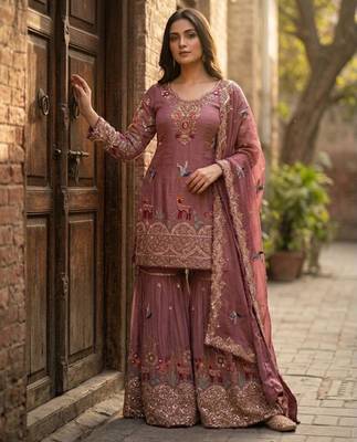 Onion pink silk blend embroidered sharara set 1