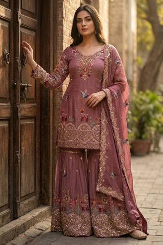 Onion pink silk blend embroidered sharara set