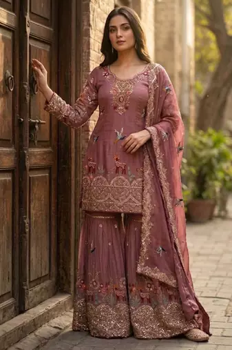 Onion pink silk blend embroidered sharara set