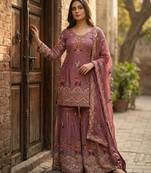 Onion pink silk blend embroidered sharara set