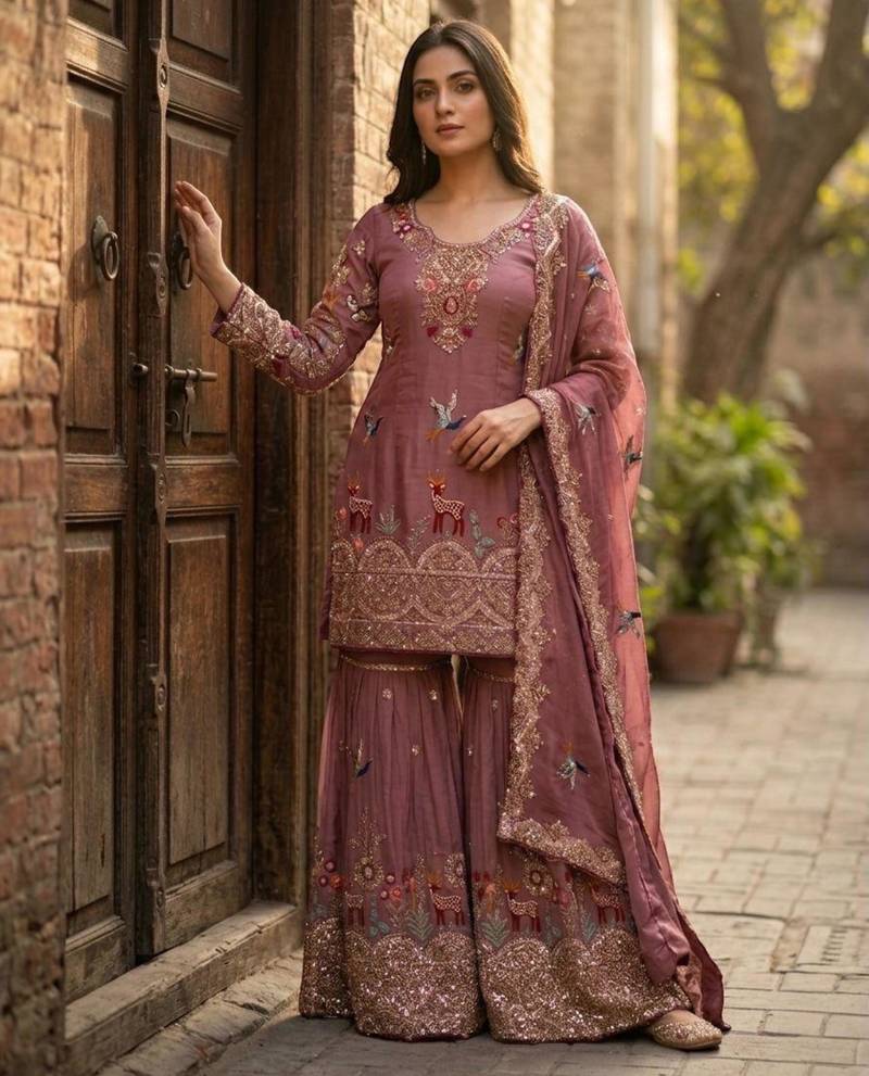 Onion pink silk blend embroidered sharara set