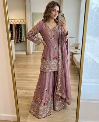 Onion pink silk blend embroidered sharara set 2