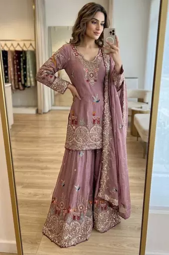 Onion pink silk blend embroidered sharara set